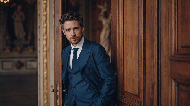 Elegant Demeanor A distinguished individual in formal attire stands poised near an open doorway, embodying a classic aura of sophistication.