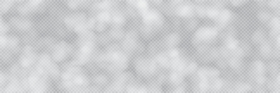 Widescreen transparent seamless bg with overlay cloud, smoke or sunlight spots texture. Gobo effect. Sun light on the wall or floor. Blurred foliage shade texture. Vector illustration