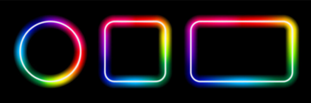 Circle, square and rectangular rainbow neon shapes. Glowing frames on black bg. Vector illustration with gradient mesh color gradation and overlay effect.