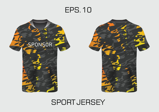 Sublimation print sport jersey tshirt design template with black and orange camo pattern.