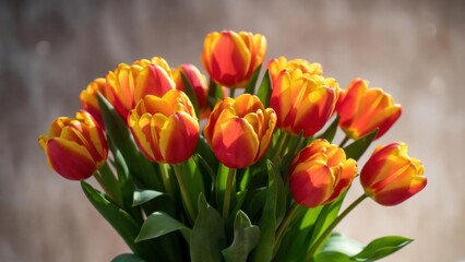 Fototapeta premium Colorful tulip bouquet spring background with red and yellow blooms for floral banner and wallpaper design