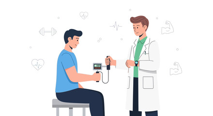 Fototapeta premium Doctor checks patient's grip strength with dynamometer, health checkup concept
