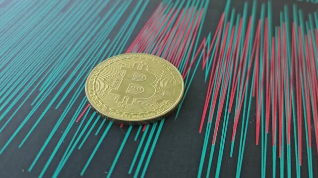Bitcoin coin on digital background with trading patterns in bright colors