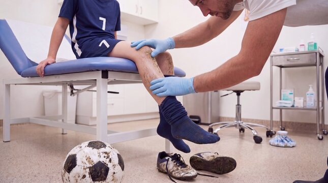 A medical professional examines the dirty and injured leg of a young soccer player in a clinic, sports injury, professional treatment, pediatric care.