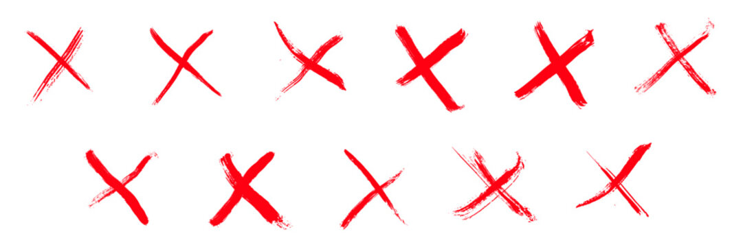 Bundle of red  acril paint crosses or x marks with dry brush texture. Vearious brushstrokes with rough edges. Vector illustration.