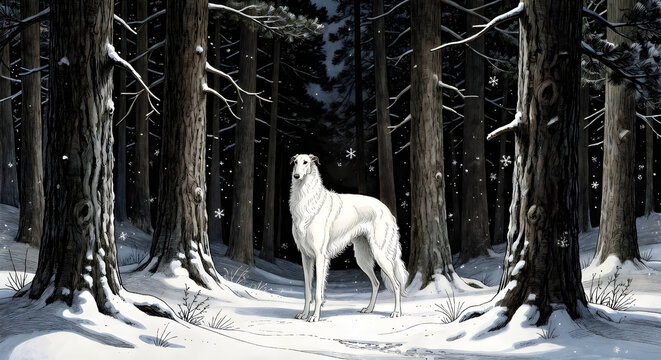 Majestic White Borzoi Dog Standing in a Snowy Winter Pine Forest under a Night Sky with Falling Snowflakes