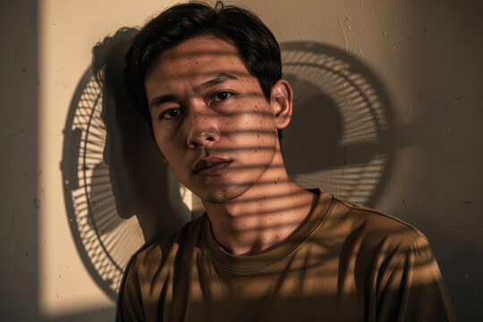 Young man with striped shadow pattern from blinds across his face and wall