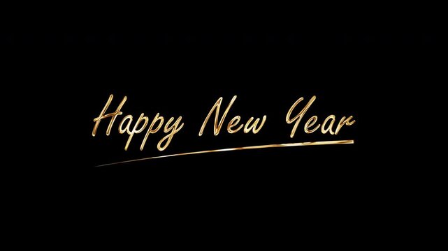 Happy New Year golden text shine flickering light effect animation on black background. Happy New Year text flickering gold glowing light texture.  .Isolated alpha channel Apply prores 444