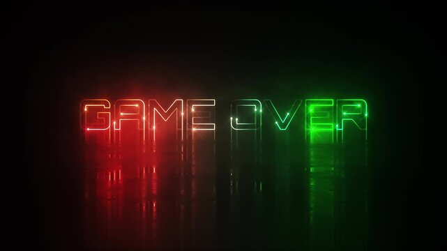 Animation text of Game Over laser neon glitch text effect cinematic title on black abstract backgroud. 