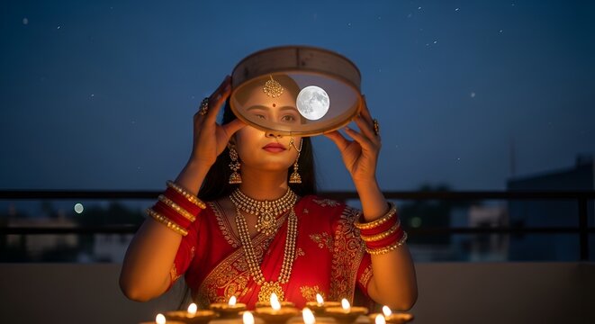 Indian Woman in Traditional Attire Observing Moon Through Sieve During Karwa Chauth Festival