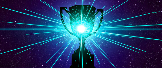 Obraz premium Futuristic trophy silhouette with cyan light blast on cosmic background, epic esports victory banner with copy space.