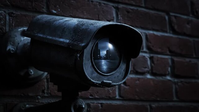 Close-up view of a security camera mounted on a weathered brick wall, capturing the mysterious nighttime city street scene through its lens.