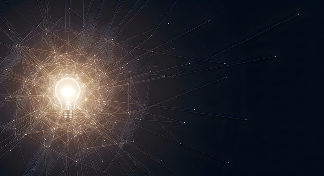Single bright light bulb shining in center of complex glowing neural network of white interconnected.