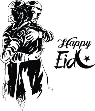 Artistic black and white illustration of two men hugging in celebration of Happy Eid, featuring traditional clothing, crescent moon, and star isolated on white background