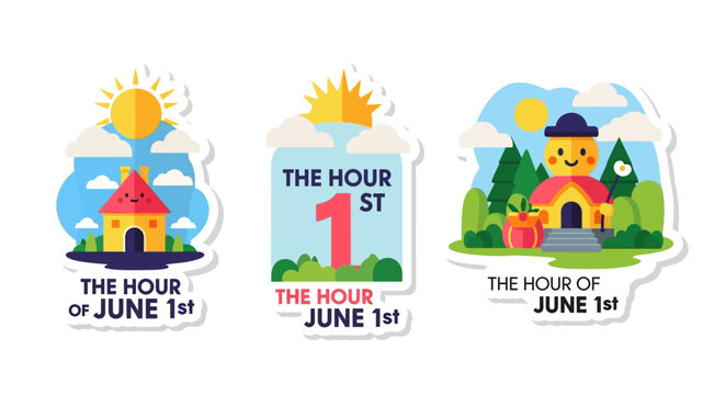 Colorful June 1st Stickers with Sun, House, and Text Elements.