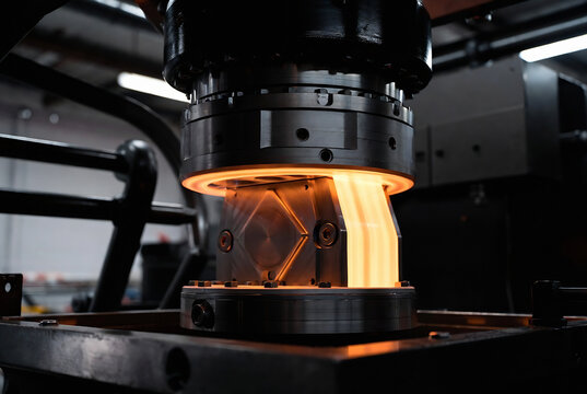 A hydraulic press is applying intense pressure to a glowing metal billet. It&rsquo;s set within an industrial forging facility.