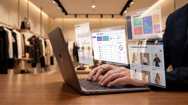 Person working on computer with augmented reality virtual screens and floating data symbols