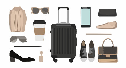 Modern business travel essentials flat vector illustration with black suitcase fashion accessories shoes handbag smartphone and coffee cup for professional trip planning lifestyle and corporate travel © Kulsum