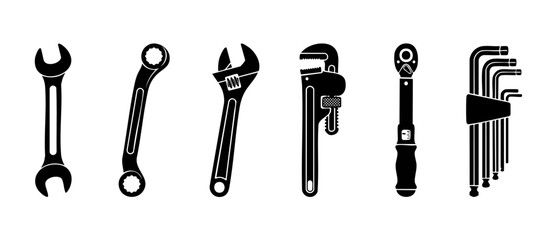 Wrench and Spanner Tool Set Collection, Industrial Repair Equipment Icon Vectors. Black flat style silhouettes of monkey wrenches, pipe wrench, ratchet, and hex keys for construction and mechanical wo © Fernando