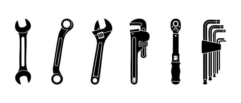 Wrench and Spanner Tool Set Collection, Industrial Repair Equipment Icon Vectors. Black flat style silhouettes of monkey wrenches, pipe wrench, ratchet, and hex keys for construction and mechanical wo