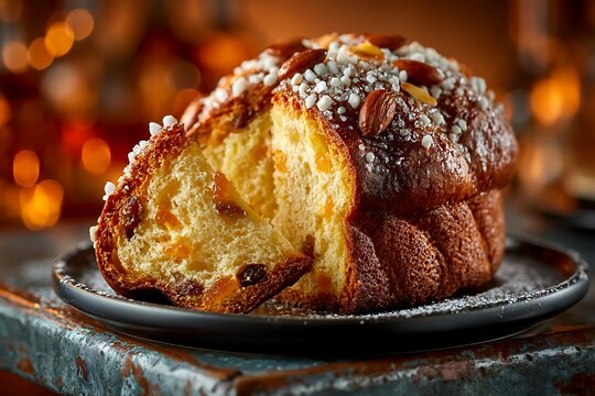 Traditional Italian colomba cake with almonds and pearl sugar