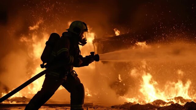 Firefighter in action flames and water spray at night