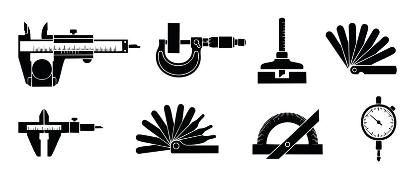 Precision Measuring Tools Icons Set - Calipers Micrometer Feeler Gauge Protractor for Engineering, Industrial Inspection, Quality Control, Manufacturing, Mechanical Metrology and Technical Blueprint A