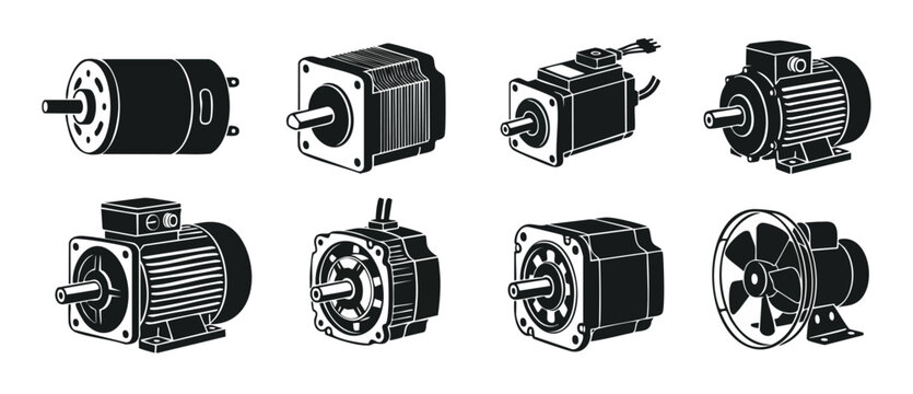 Electric Motor Types Collection Set: Industrial Engineering Components, Stepper Motors, AC DC Drives, Machinery Parts, Robotic Actuators, Manufacturing Technology Equipment, Vector Icon Graphic Illust