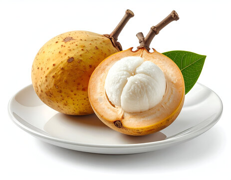 Delightful tropical fruit photography featuring fresh sweet duku langsat with one perfectly peeled showing white flesh.