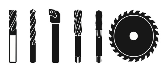 Industrial Cutting Tools Set, Metal Drilling and Milling Bits, Circular Saw Blade, Professional Engineering Equipment for Manufacturing and Construction Work on White Background, Simple Graphic Silhou © Fernando