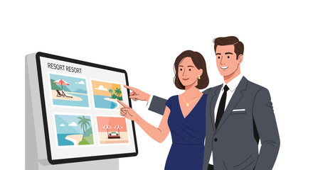 Obraz premium Couple Interacting with Digital Display for Travel Planning.