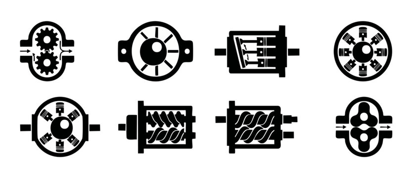 Mechanical Engineering Engine Parts Icons Set, Industrial Machine Components, Hydraulic Pump And Piston Mechanism Diagrams, Technical Gear Symbols, Automotive Motor Systems Vector Graphic For Schemati