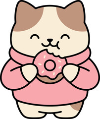 Obraz premium Kawaii Calico Cat Eating Pink Glazed Donut, Cute Chubby Kitten in Pink Sweater Snack Time Illustration, Aesthetic Pastel Animal Sticker 