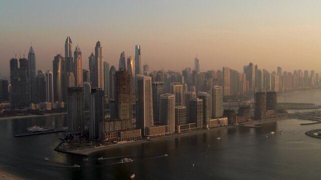 Panoramic View of Dubai Marina District at sunset, Dubai, United Arab Emirates