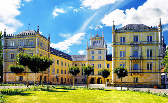 Ehrenburg Castle in Coburg, Germany. It is the former residence of the dukes of Saxony-Coburg and Gotha. It was built in the 16th century on the site of a former Franciscan monastery.