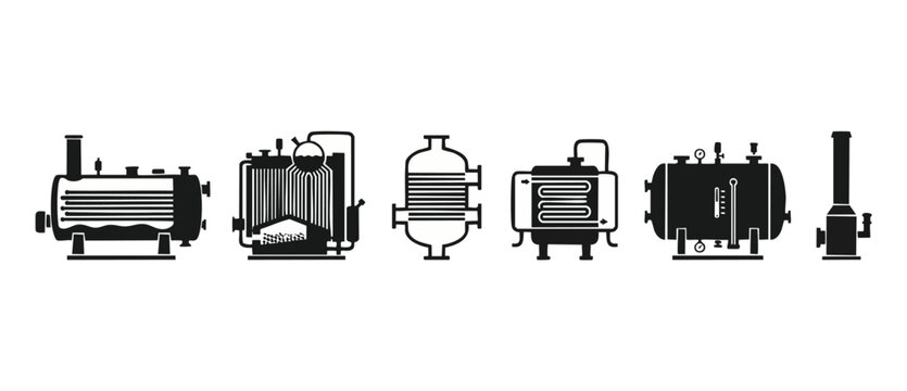 Industrial Boiler Heat Exchanger Set, Steam Generator System Icons, Chemical Process Engineering Equipment Vector Illustration for Factory Plant Layout and Technical Plant Design Infrastructure Compon
