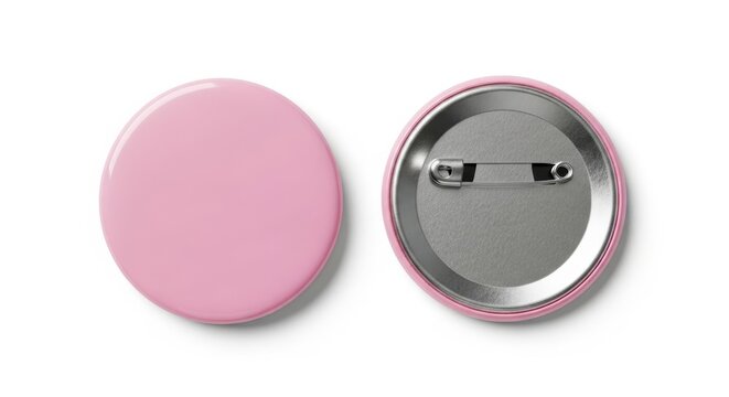 Blank pink pin button badge mockup. Front and back view of round glossy lapel pin with metal clasp, isolated on white background for branding design.
