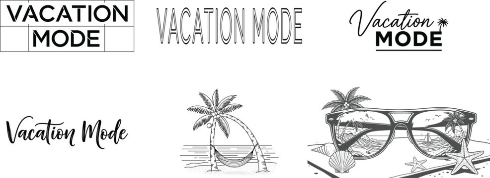 Vacation mode typography and beach elements a relaxing summer aesthetic with sunglasses and palm trees