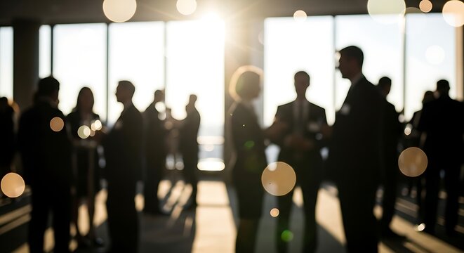 Blurred group of business professionals socializing and enjoying a party in a modern office setting with warm lighting and a bokeh background ideal for corporate design and marketing visuals