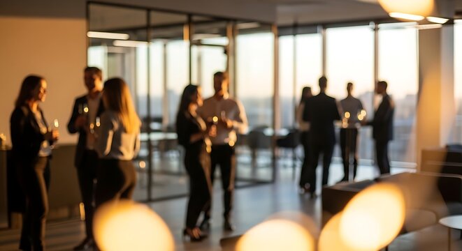 Blurred group of business professionals socializing and enjoying a party in a modern office setting with warm lighting and a bokeh background ideal for corporate design and marketing visuals