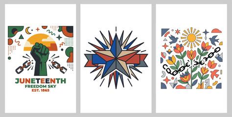 Obraz premium Juneteenth Celebration Art Set, African American Freedom Day Posters, Set of 3 Abstract Floral & Geometric Prints