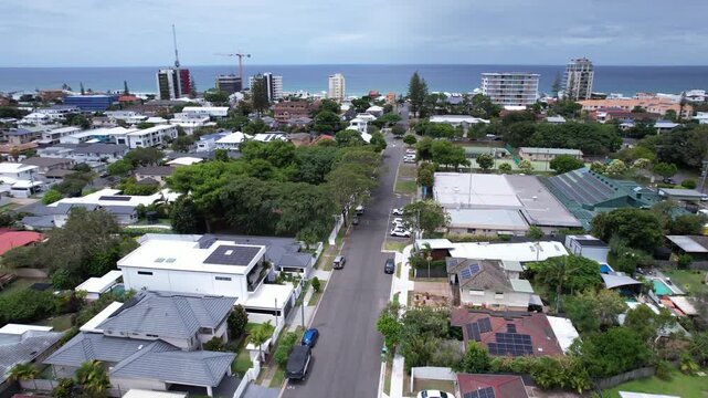 Aerial View Of Palm Beach - Coastal Suburb In Gold Coast, Queensland, Australia. ascending shot