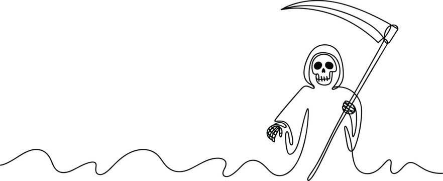 Continuous single line drawing of a grim reaper holding a sharp scythe