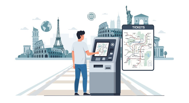 Man using modern ticket vending machine for travel purchases.