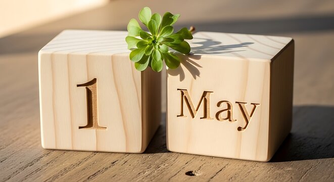 Wooden calendar blocks with may and 1 on a table