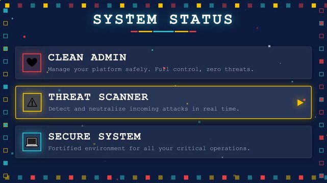 Cybersecurity Digital Dashboard Interface showing System Status Threat Scanner and Secure Environment for Software Protection
