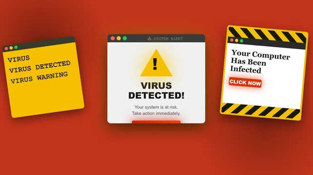 Computer Virus Alert Pop up Windows and Malware Infection Warning Illustration on Orange Background