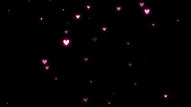 Blinking glitter heart shape particles with glowing particle trail on black background, romantic love trail motion, glow shimmer effect wedding valentine 4k loop