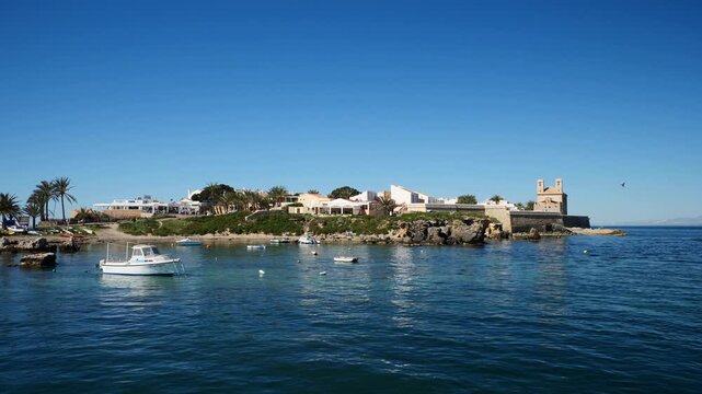 View of the village from the port, slow motion x0,5. Tabarca island, Spain.