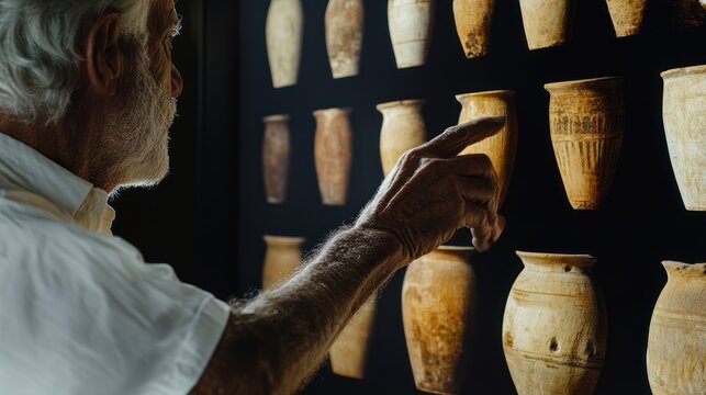 Senior man with a white beard, examines ancient ceramic vases on a dark display